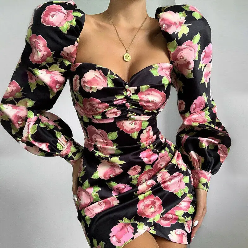 

Women Spring Autumn Elegant Square Neck Bodycon Floral Short Mini Dress Puff Long Sleeve Party Flower Print Empire Dresses