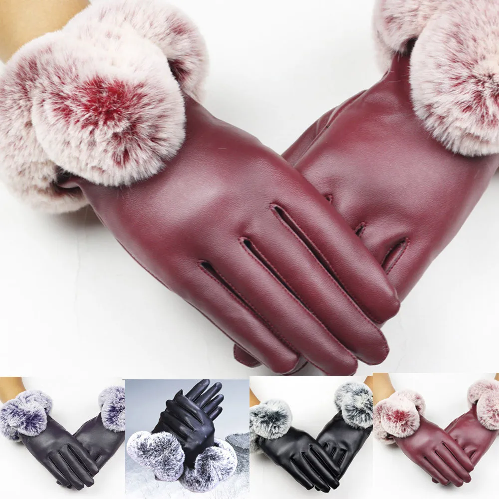 Высококачественные женские черные кожаные перчатки на осень и зиму, теплые мягкие женские варежки из кроличьего меха, длинные перчатки, меховая подкладка, застежка с заклепками