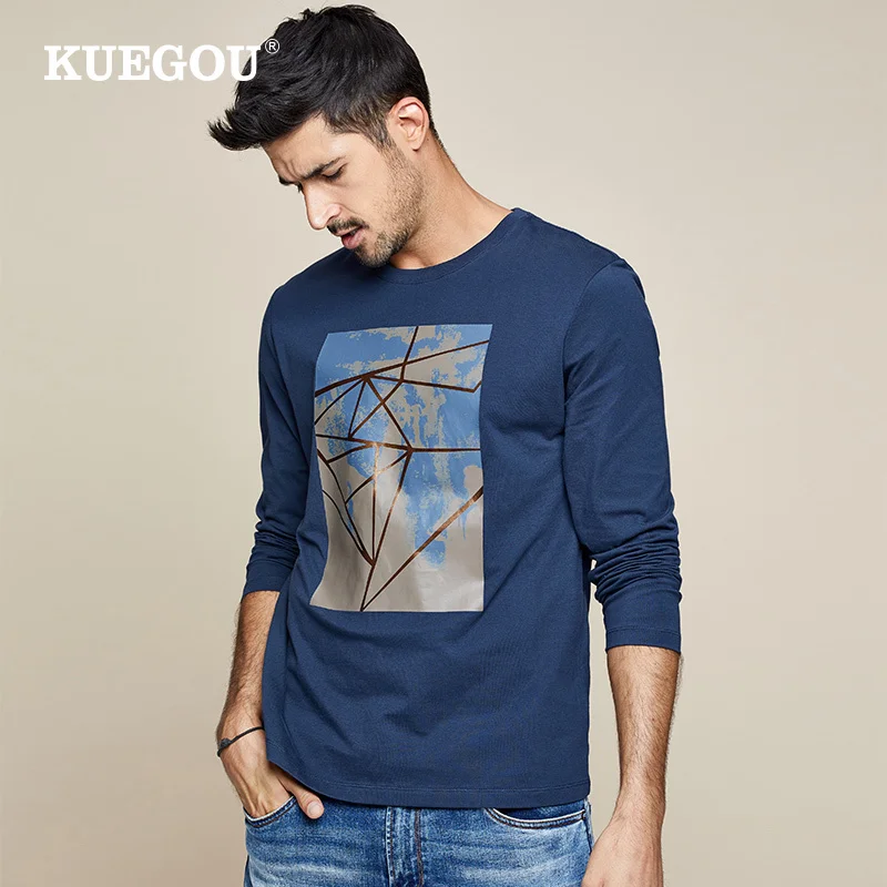 

KUEGOU 2019 Autumn 100% Cotton Print Plain White T Shirt Men Tshirt Brand T-shirt Long Sleeve Tee Shirt Fashion Clothes Top 7703