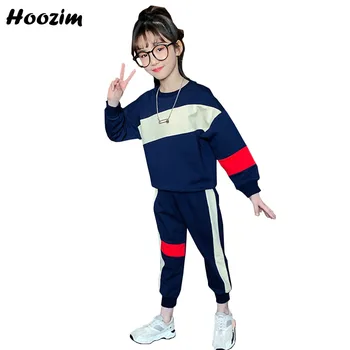 

Spring Sport Suit For Girls 4-12 Years Colorblock Long Sleeve T Shirt+Elastic Waist Pants Set Children Fashion Girls Tracksuit