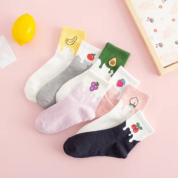 

AOMU 3 Pairs Cute Cartoon Fruit Print Avocado Banana Cherry Peach Girls Kawaii Socks Korean Harajuku Embroidery Heap Funny Socks