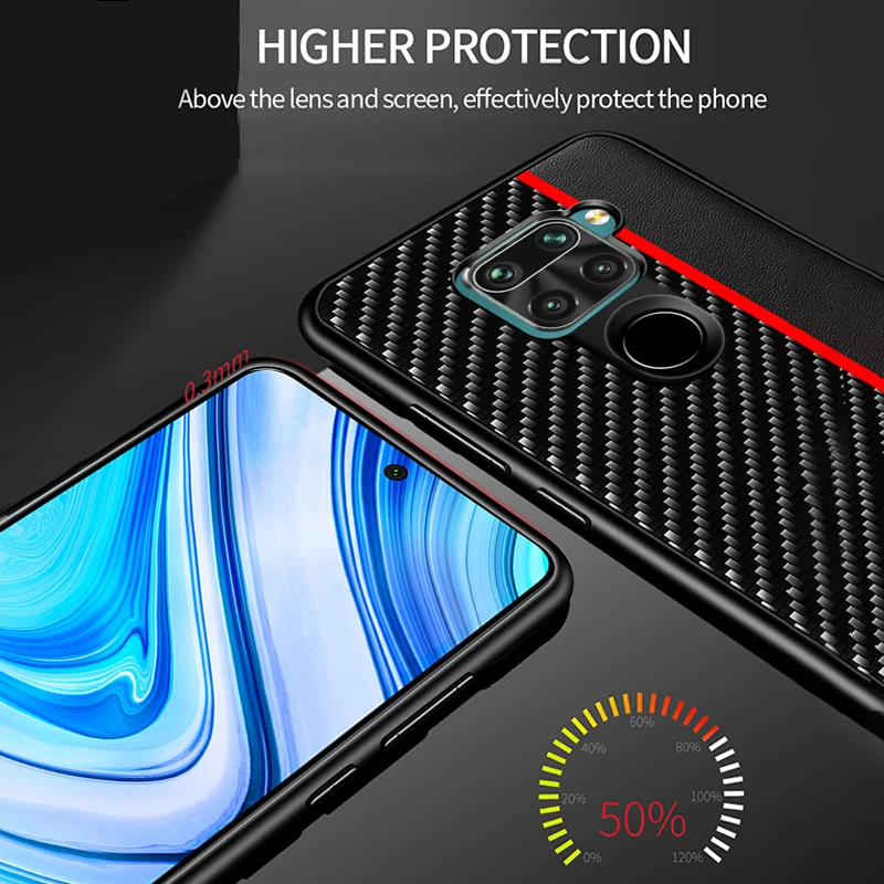 Кожаный чехол Cenmaso для Xiaomi Redmi Note 9 из углеродного волокна с полной защитой задняя