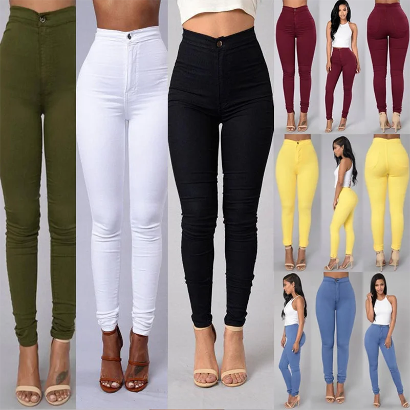 Одноцветные обтягивающие женские джинсы с высокой талией, обтягивающие леггинсы-карандаш, брюки с высокой талией, Стрейчевые джинсы, узкие брюки-карандаш размера плюс
