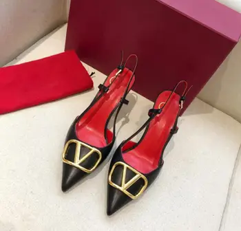 

Brand V Women High Heel Sandal Classics Black Red Women Sandals Genuine Leather Red Wedding Shoes Pointed Toe 35-42 No Box