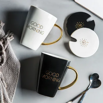 

Creative Letter Ceramic Mug Simple Square Coffee Cup with Lid Spoon 450ml Large Capacity Household Milk Juice Mugs Office Teacup