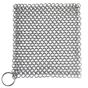 

7x7 Inch Cast Iron Cleaner Stainless Steel Chain Mail Scrubber With Corner Ring For Skillet Pan Pot And Wok Kitchen Cleaning