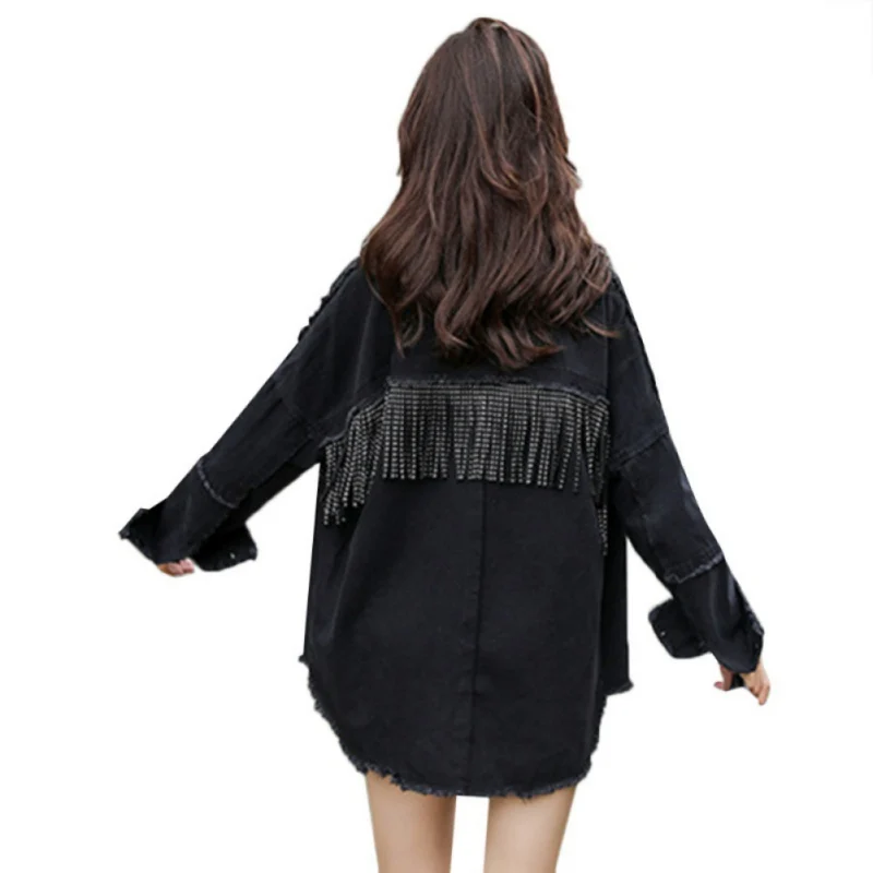 Женская джинсовая куртка черная Женская вышитая бисером с кисточками свободная винтажная модная куртка верхняя одежда