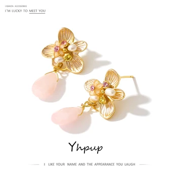 

Yhpup Flower Dangle Pink Crystal Stone Earrings Luxury Freshwater Pearls Jewelry Gold Color Earrings for Women Anniversary Gift