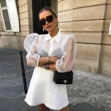 Ladies Sexy Mesh Sheer Perspective Shirt Women Long Sleeve Fashion Chiffon Tops Sexy Blouse Women Shirts