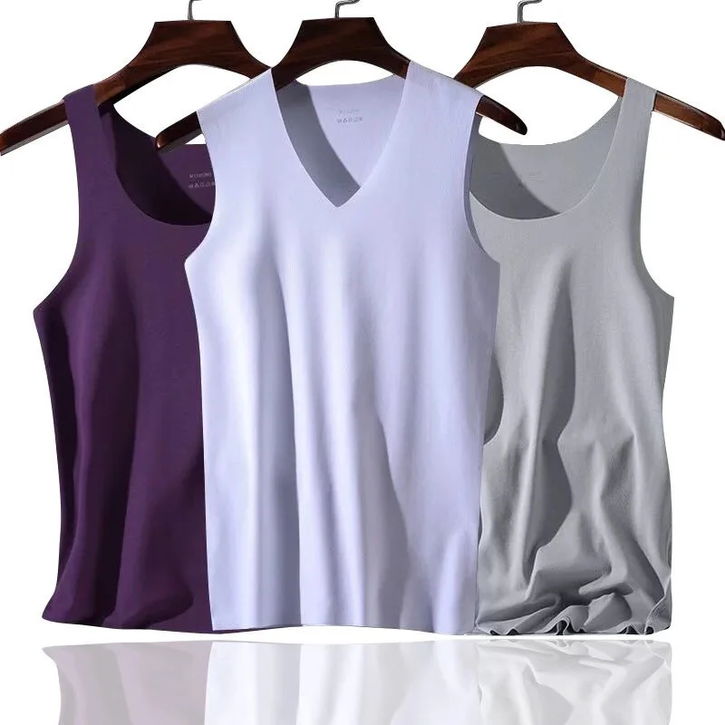 

2019 New Men Sleepwear Solid Ice Silk Sleep Shirt Casual Thin V-Neck Rayon Sleeveless Vest Home Clothing Plus Size Night Top 4XL