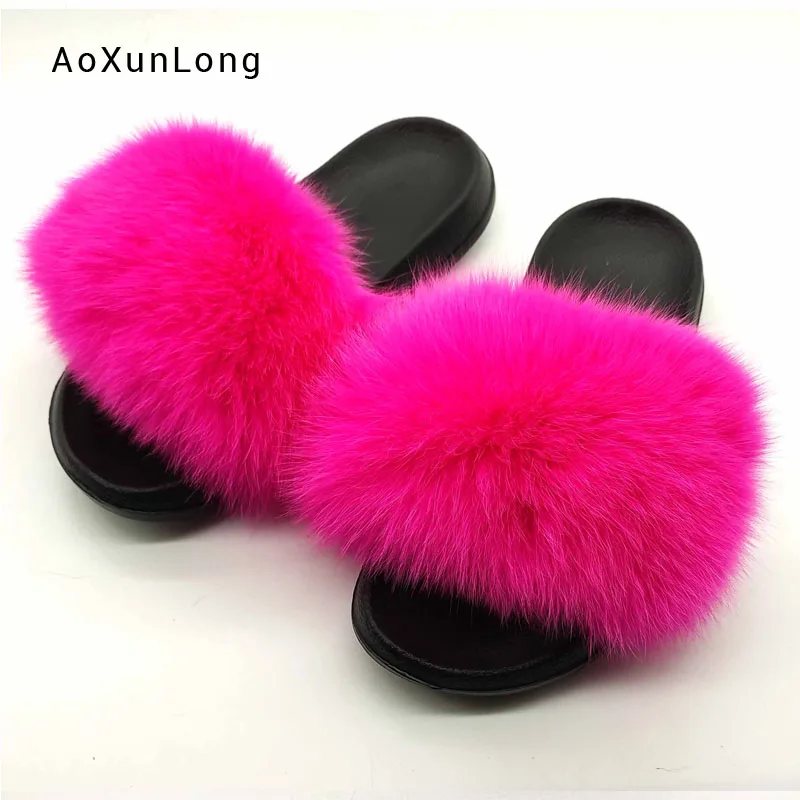 New Fashion Real Fox Fur Slippers for Women Customzed Plush Fur Slides Solid Color Female Hand Bags Sets - Цвет: Slipper 07