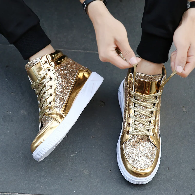 X Hot Fashion Gouden Glanzende Spiegels Heren Schoenen Casual Club Bar  Glitter Streetwear Hip Hop Hoge Top Mannen Sneakers Zapatos de Hombre| | -  AliExpress