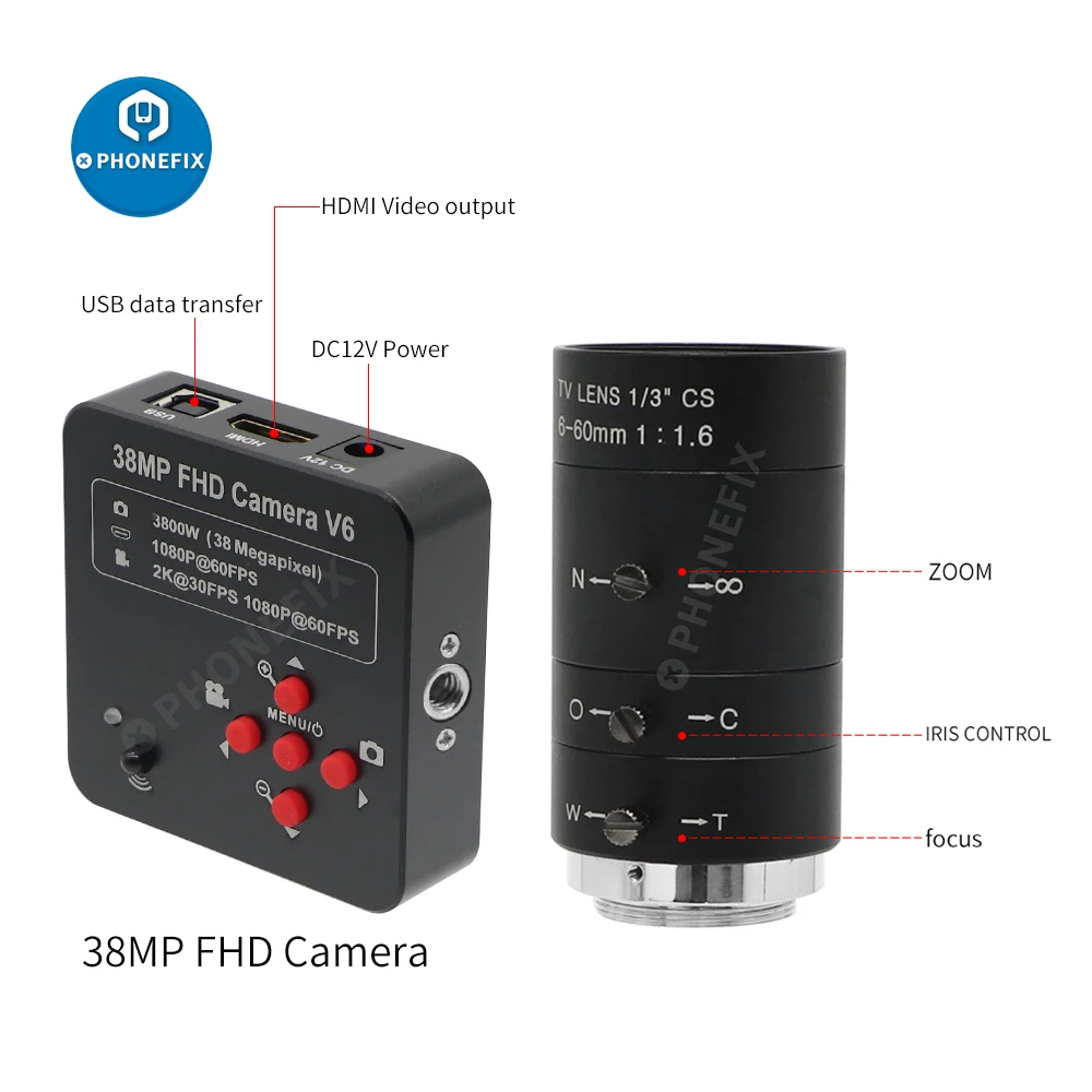 Câmera eletrônica industrial do microscópio de vídeo de 1080p hd completo 60fps 2k 3800w 38mp hdmi usb com lente de 6-12mm/60mm