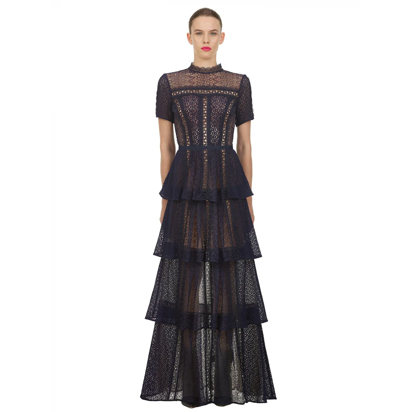 

Vintage Ruffles Navy Hollow Out Lace Long Party Dress Women 2021 High Quality O-neck Short Sleeve Runway Designer Dress