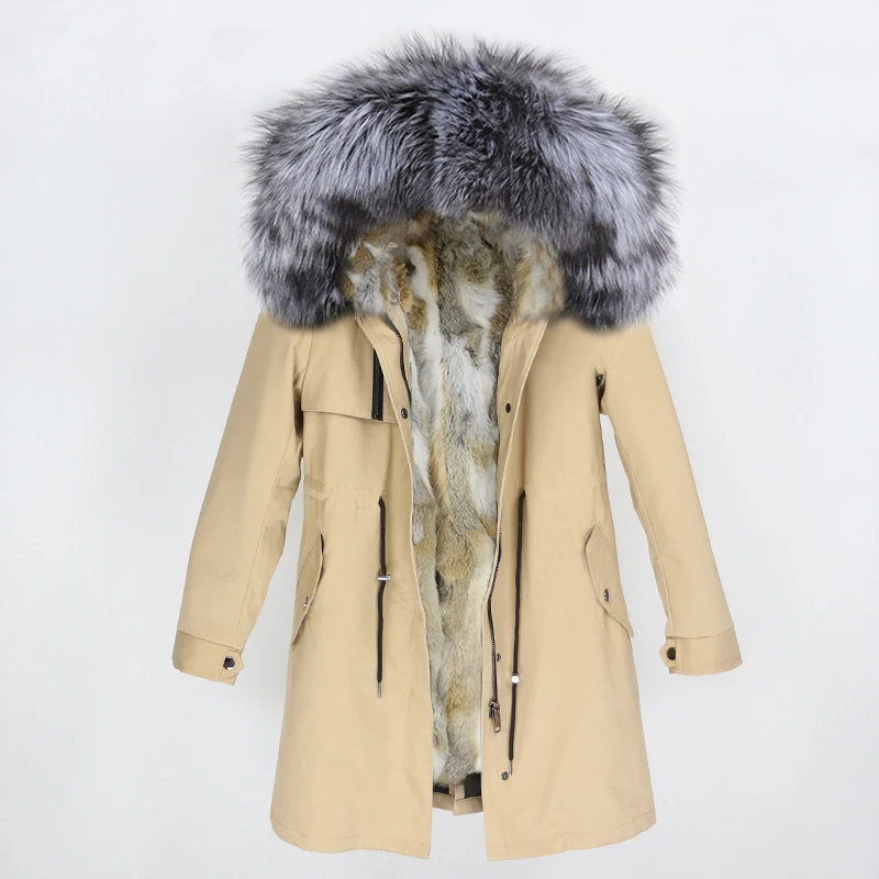 beige silver OFTBUY натуральный Лисий мех воротник парка с капюшоном зимняя куртка женская натуральный кроличий мех внутри Толстая теплая верхняя одежда Уличная Роскошная - Цвет: beige silver