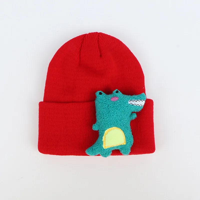 Зимние новые стильные детские плотные вязанные шапочки Skullies с динозавром из мультфильма, шапка бини для мальчиков и девочек 11 - Цвет: Красный