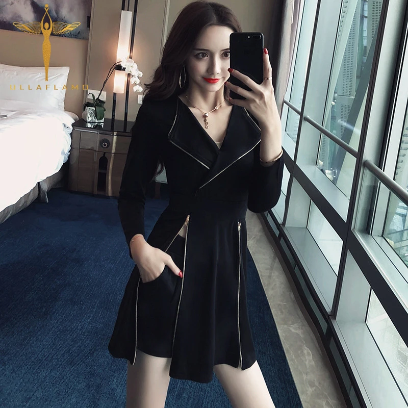 

Sexy Club Black 2 Piece Set Women Slim Long Sleeve Lapel Zipper Short Dress + Short Set Suit Casual Long Top Shorts Pants