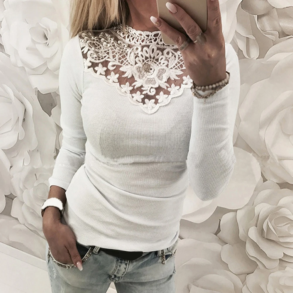 

New Women Slim Tunic Lace patchwork T-shirt 2020 Sexy Elegant Long Sleeve hollow out Design Lace Decor See Through Solid Top