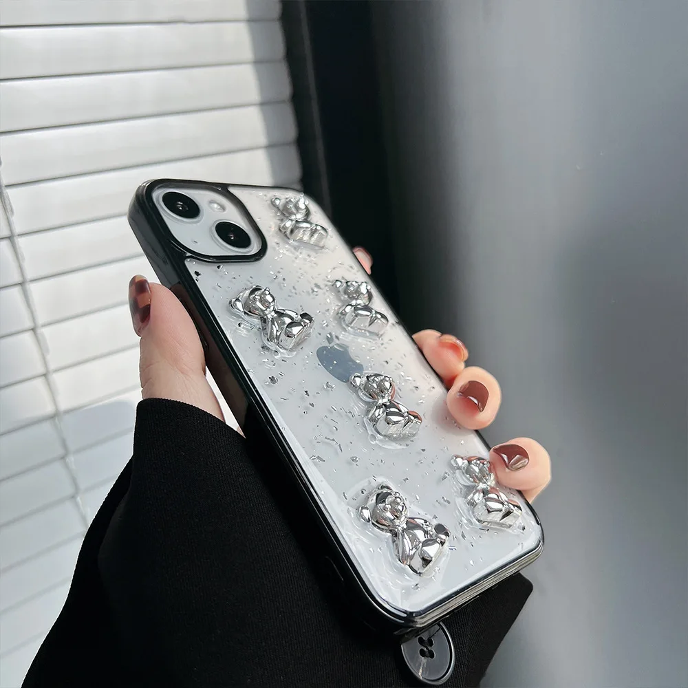 Retro kawaii silver foil bear transparent Phone Case For iPhone 13 11 12 Pro Max Xs Max XR 7 8 Plus X 7Plus case Cute Soft Cover