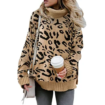 

Woman Leopard Knitted Sweater Autumn Long Sleeve Turtleneck Female Pullovers Tops Casual Loose Sweater Streetwear Warm Tops