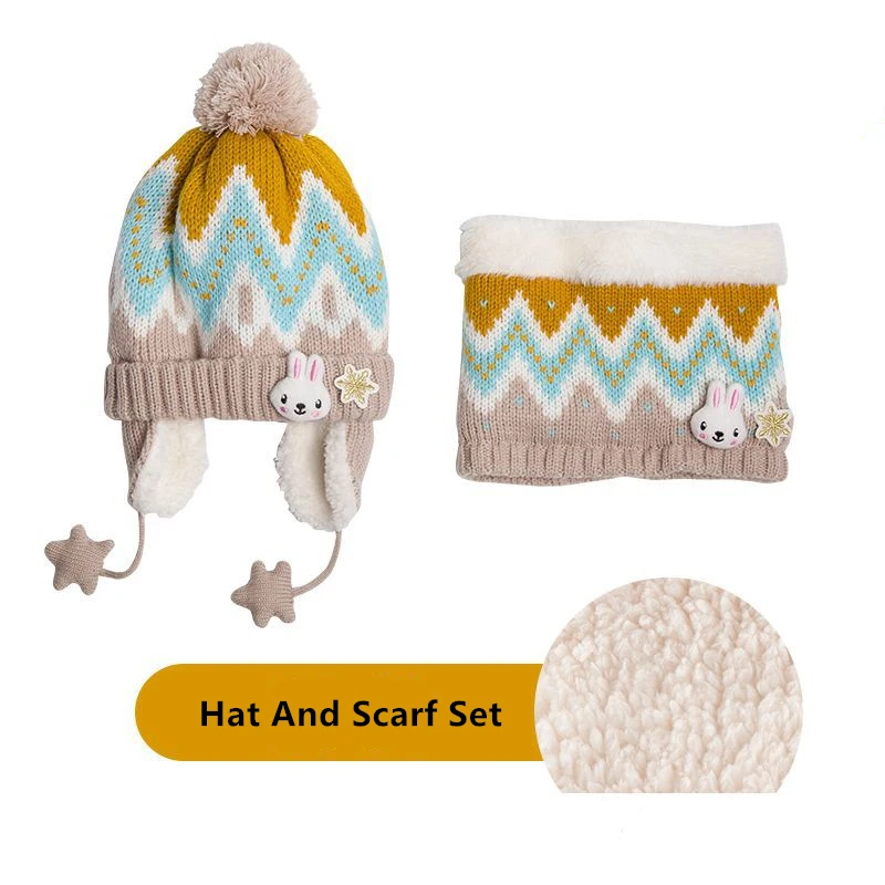Cute Animals Winter Children Hat Scarf And Gloves 3pcs/lot Baby Girl Boy Hat Winter Double Layer Knit Warm Caps Kids Velvet Hat - Цвет: Hat And Scarf Set