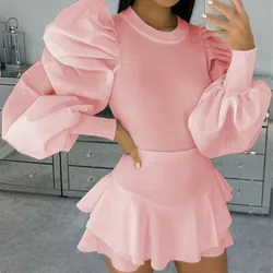 Chemise côtelée en maille pour femmes, haut à manches bouffantes, pull over, chemisier, Slim Fit, noir, blanc, rose 