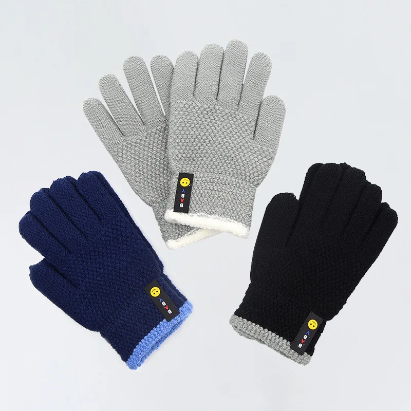 

Gloves Warm Soft Mittens Winter Cold Proof Smiling Face Pattern Comfortable Children Split Finger Glove Teen for 8-15 Years Old