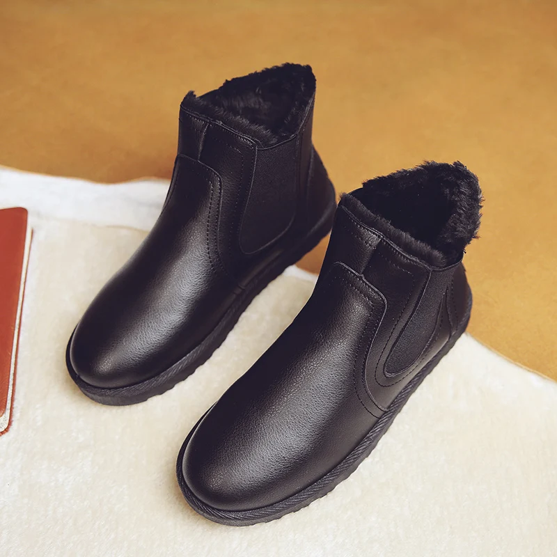 Leather Black Зимняя обувь; женские ботинки; коллекция года; Длинные Плюшевые Теплые ботильоны для женщин; замшевая обувь на платформе и резиновой подошве без застежки; модная женская обувь на меху - Цвет: Leather Black