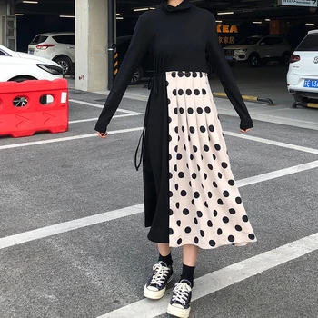 

Standing Collar Irregular Panel Polka Dot Dress