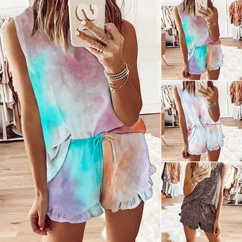 

Summer Womens Tie Dye leopard Printed Pajamas Set Sleeveless Set Casual Home Nigwear Sleepwear Women Comfortable Set