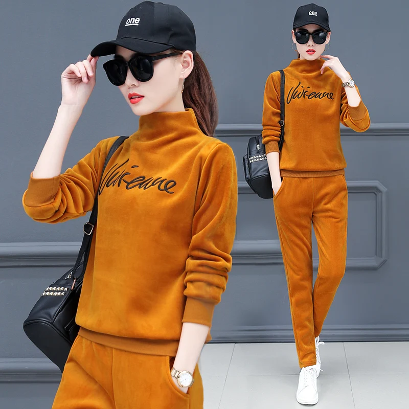 

Double sided with velvet new female leisure sports clothes with thick winter fashion pleuche turtleneck fleece two-piece outfit