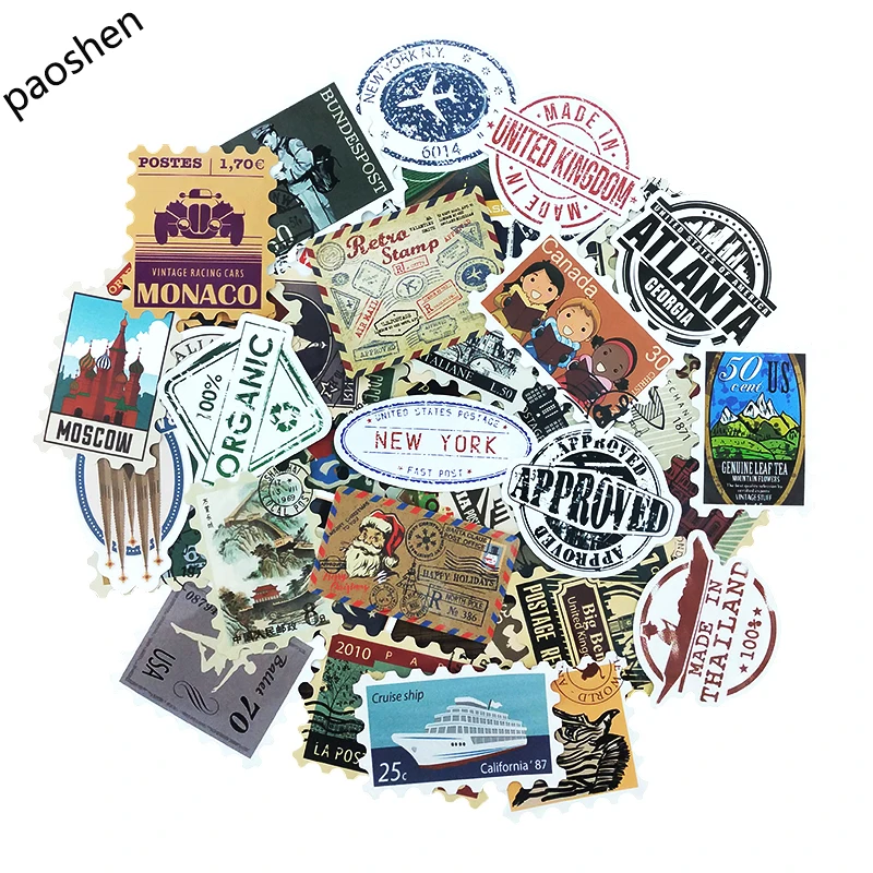 

50pcs Retro World Travel Building Stamps Stickers Waterproof Building Stickers Gifts DIY Suitcase Box Portable Guitar Suitcase
