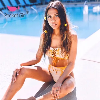 

Pocket Girl 2020 Cut High Waist Bikini Set Halter Swimsuit Female Push Up Swimwear Women Black Bikini String Bathing Suit Summer