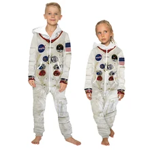 Детская домашняя одежда с принтом космонавта; Пижама унисекс; свободная одежда для сна на молнии с капюшоном; комбинезоны для девочек; плотные комбинезоны