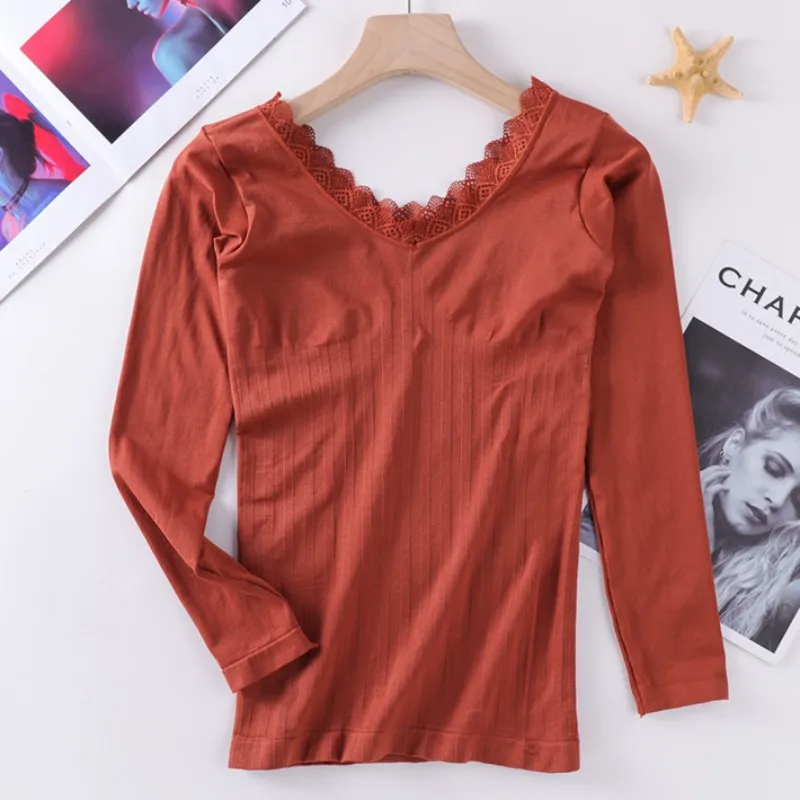 

2020 New Arrival Basic Thermal Underwear Top For Women Slim Lace Trim V-neck Tops Seamless Long Sleeve Solid Color T-shirt