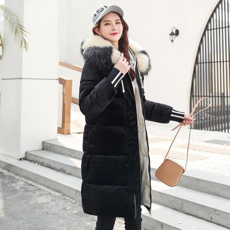 Высококачественная зимняя женская куртка из вельветовой ткани с капюшоном, Женская парка с меховым воротником, длинное теплое Свободное пальто