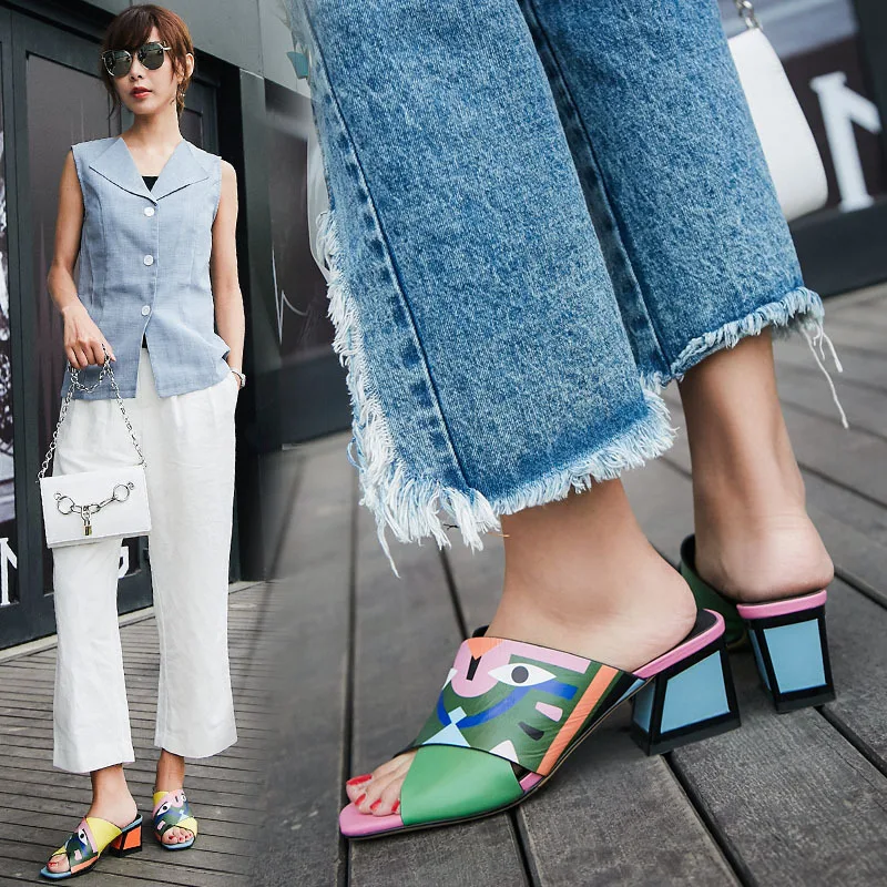 

Korean-style Summer New Style WOMEN'S Shoes Cross Monster Slippers Mixed Colors Genuine Leather Semi-high Heeled Women's Sandals