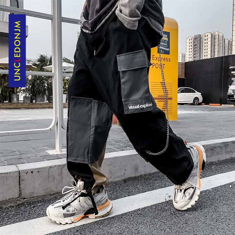 UNCLEDONJM Цвет блок брюки-карго для мужчин Уличная одежда в стиле хип-хоп с свободной