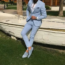 Light Sky Blue Slim Fit Mens Prom Suits Notched Lapel Groomsmen Beach Wedding Tuxedos For Men Blazers 2 Pieces (Jacket+Pant)