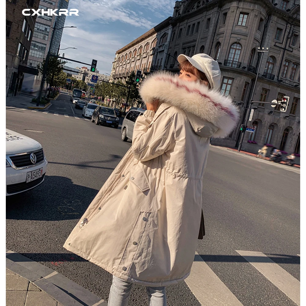 CXHKRR Fashion Long Parka Coat Jacket Oversized Cotton Jacket Women Winter Faux Fur Collar Hooded Jacket Cotton Women