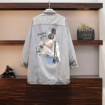 

Plus Size XL-5XL 2020 BF Autumn Harajuku Cartoon Printed Frayed Denim Jacket Loose Casual Jeans Jacket Women Coat Outwear Female