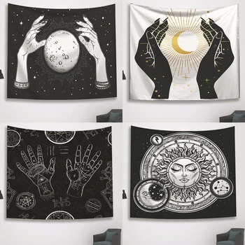

Psychedelic Black and White Tapestry Witchcraft Hand Wall Hanging Tapestri Moon Sun Star Print Tarot Throw Blanket Home Decor
