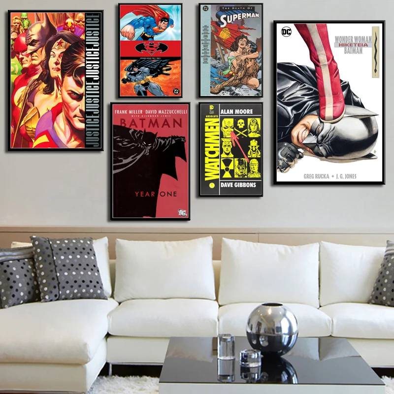 

Batman Superman Wonder Woman Justice League Classic DC Comic Book Cover Art Painting Silk Canvas Poster Wall Home Decor