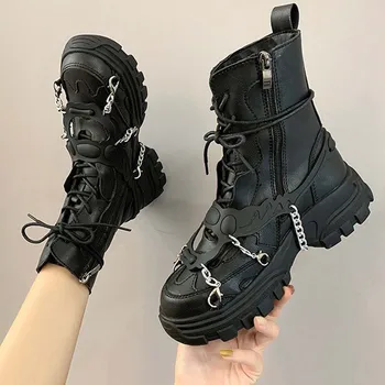

Brand New Leisure Tide Tire Sole Fashion Women Shoes Cool Design Cozy Heels Chains Motorcycles Boots Female