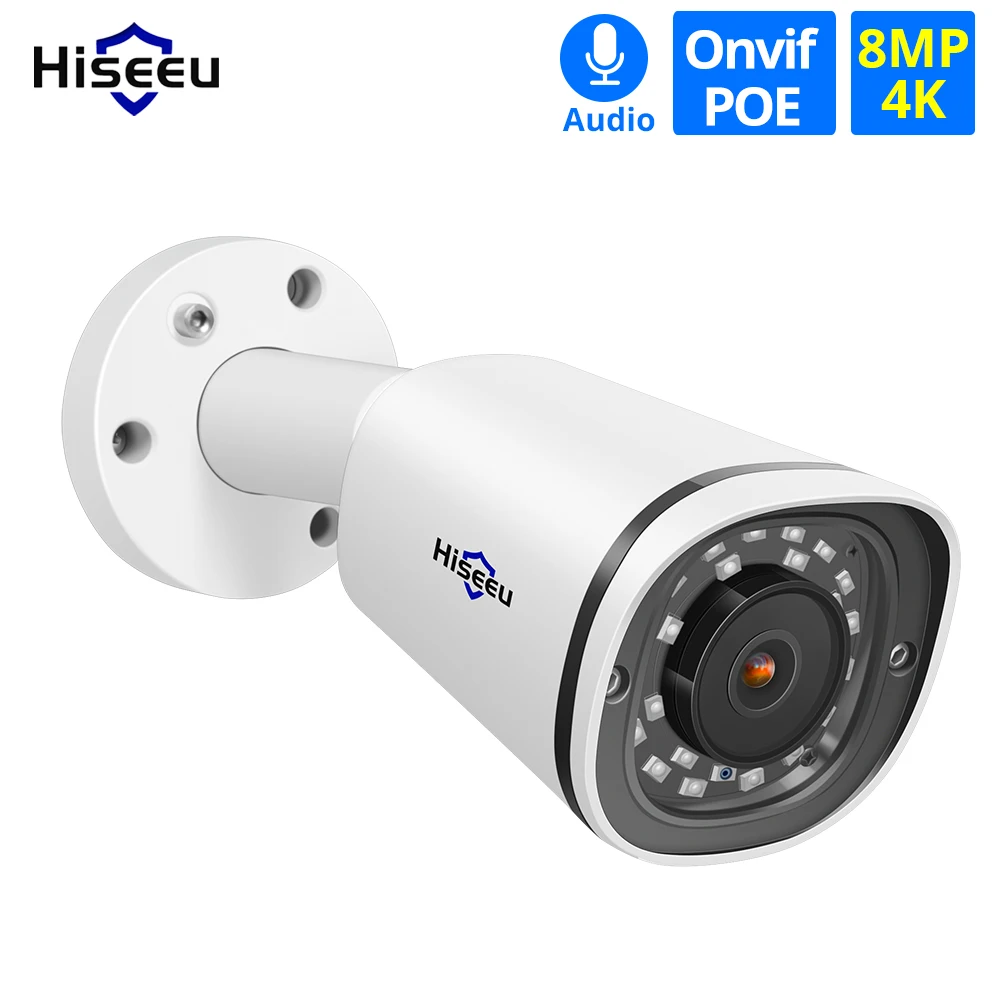 Hiseeu 4K 8MP POE IP Camera Outdoor Waterproof Audio CCTV Bullet Camera Motion Detection ONVIF For PoE NVR 48V