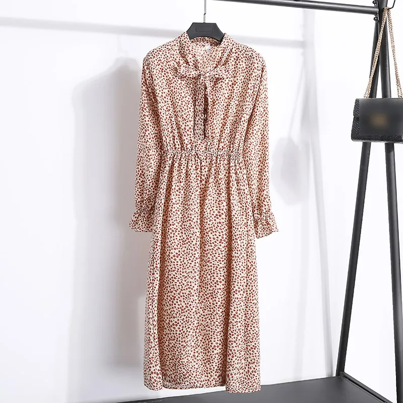 

6 Color Spring Fall Women Elastic Waist Polka Dot Dress Office Elegant Bowknot Midi Dress A-Line Flare Sleeve Chiffon Dress