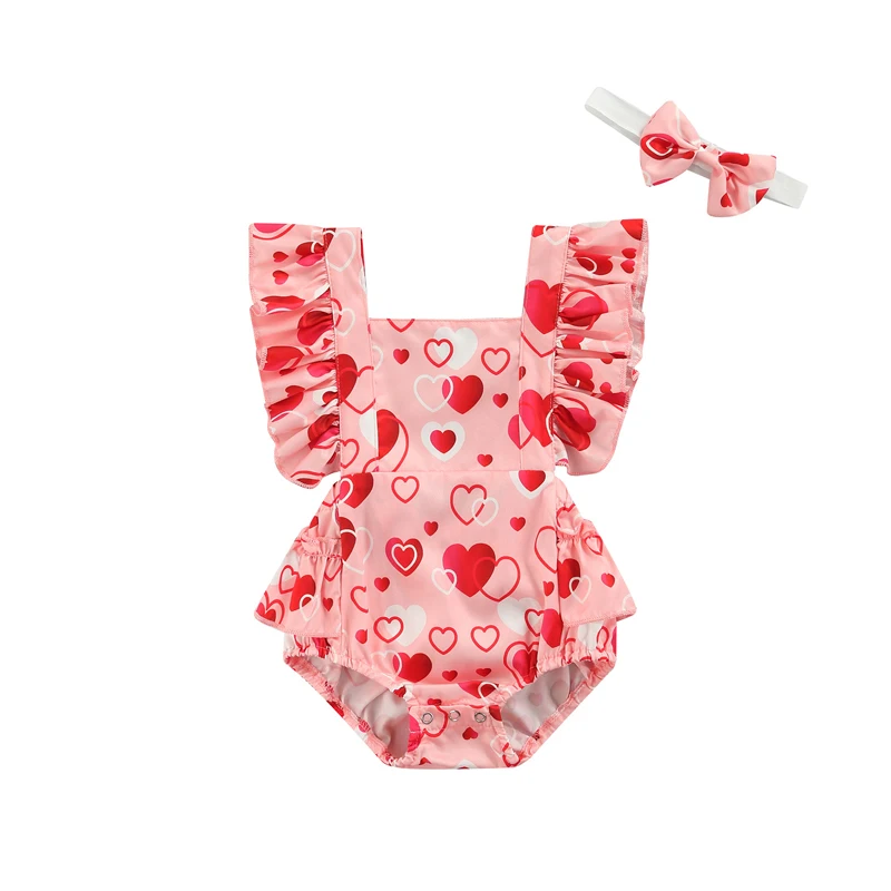 

0-24 Months Baby Girls Summer Clothes Fly Sleeve Romper with Headband Valentine's Day Heart Print Triangle Jumpsuits Outfits
