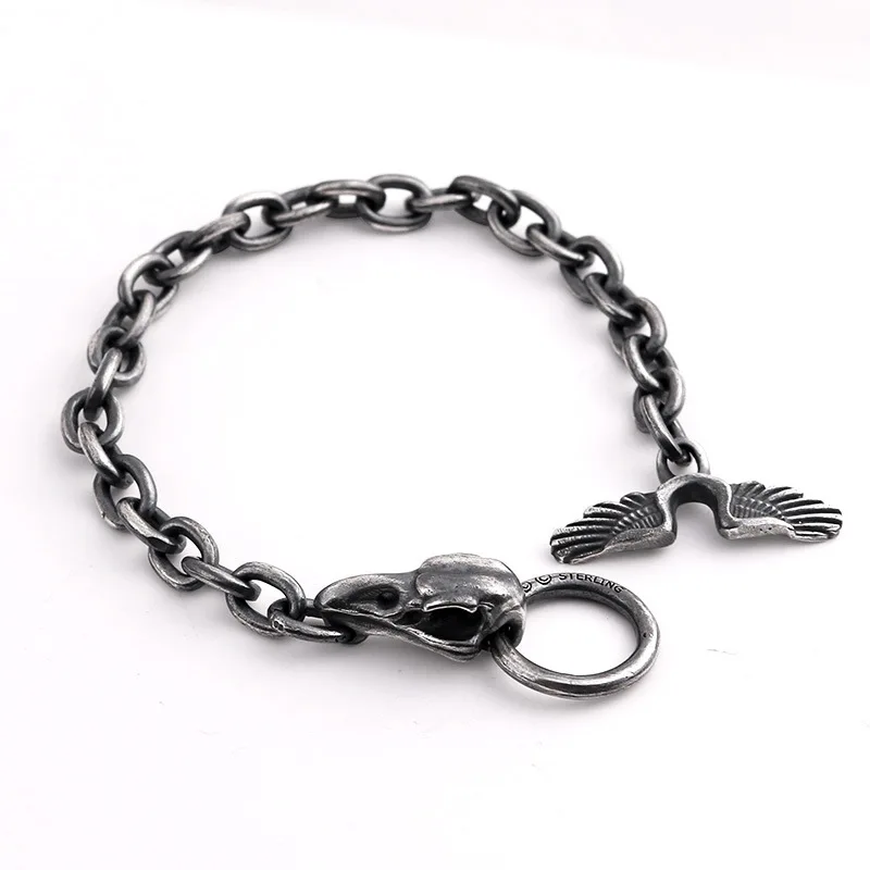 New Silver Handmade Crow Skull Man Bracelet Retro Punk Raven