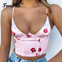 Женский атласный корсет Forefair Staghetti с V-образным вырезом, топ на бретелях, одежда с цветочным принтом 2021, голубой клубный женский укороченный топ без рукавов Женский атласный корсет Forefair Staghetti с V-образным вырезом, топ на бретелях, одежда с цветочным принтом 2021, голубой клубный женский укороченный топ без рукавов