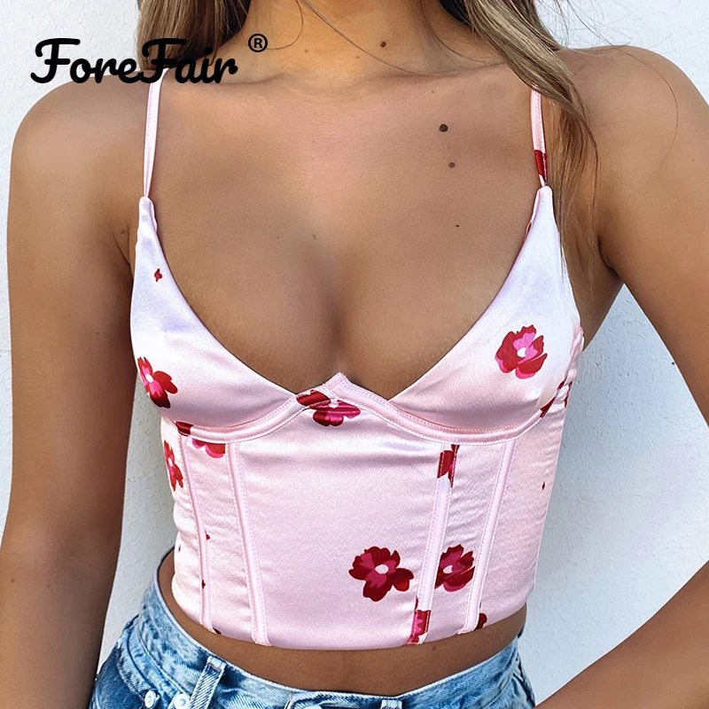 Forefair Staghetti-Top de satén con corsé y tirantes para mujer, ropa con estampado Floral, Crop Tops azules sin mangas para discoteca 2021